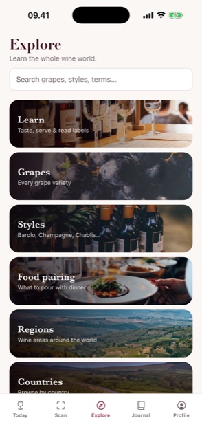 Winelingo app screenshot: explore the wine world